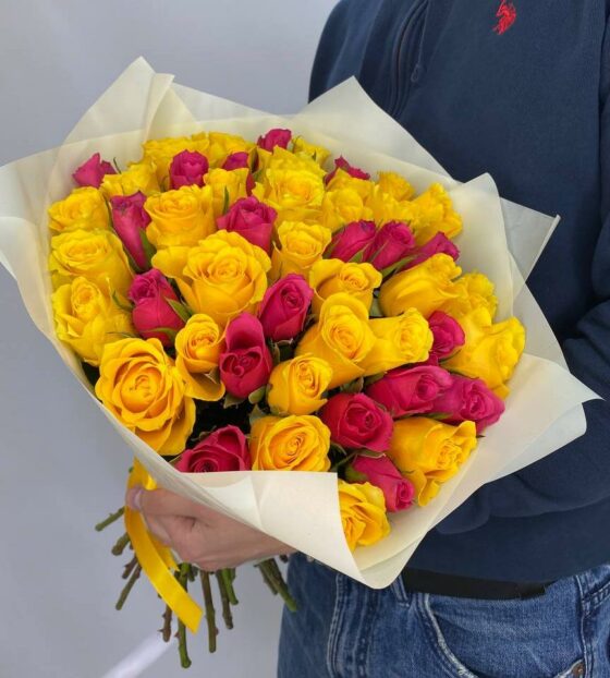 51 желтая и малиновая роза