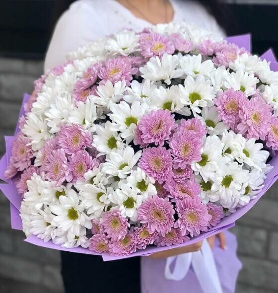 букет из розовых и белых хризантем