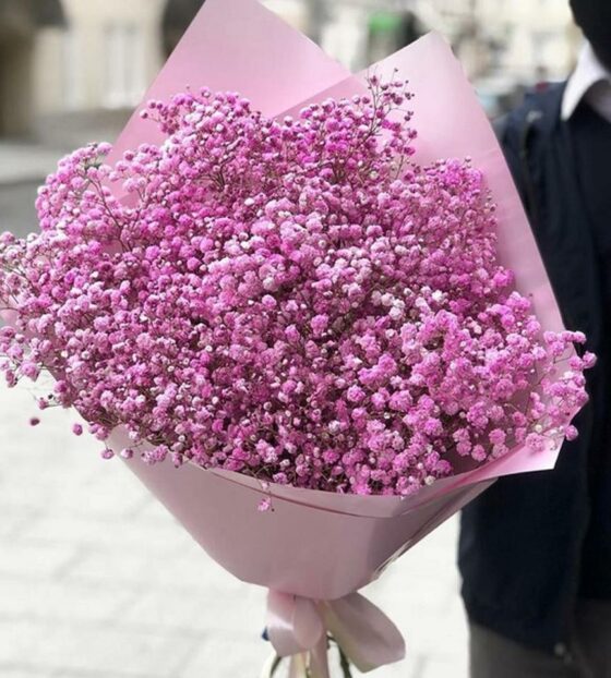 розовые гипсофилы в букете