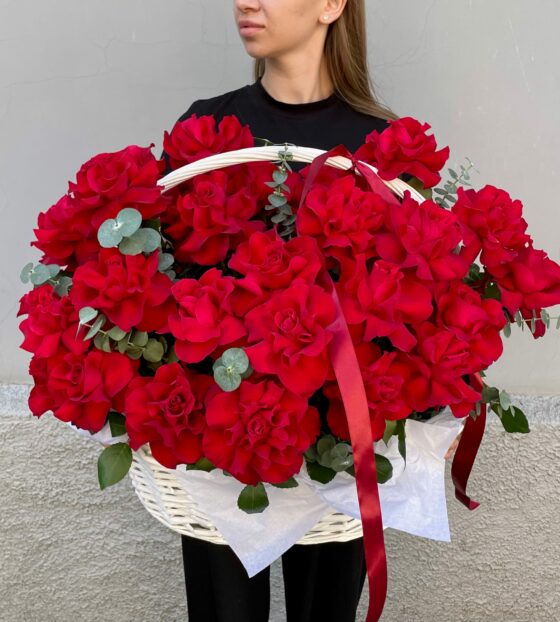 красные французские розы в корзине
